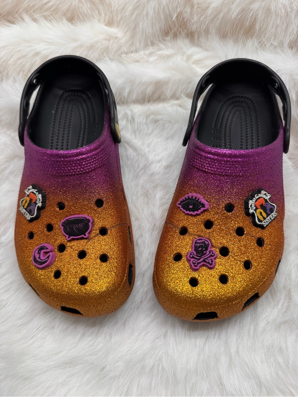 CROCS Glitter Ombre Mules in Purple and Gold